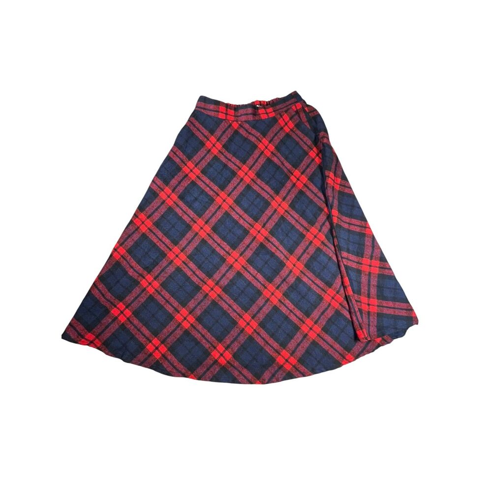 Womens Plaid A Line Skirt Wool Blend Red Blue Midi Size M